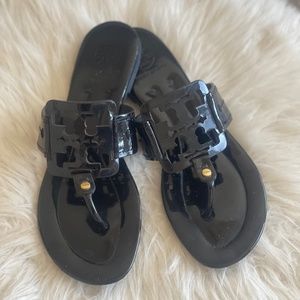 Tory Burch Black Square Miller Patent Leather Thong Sandals